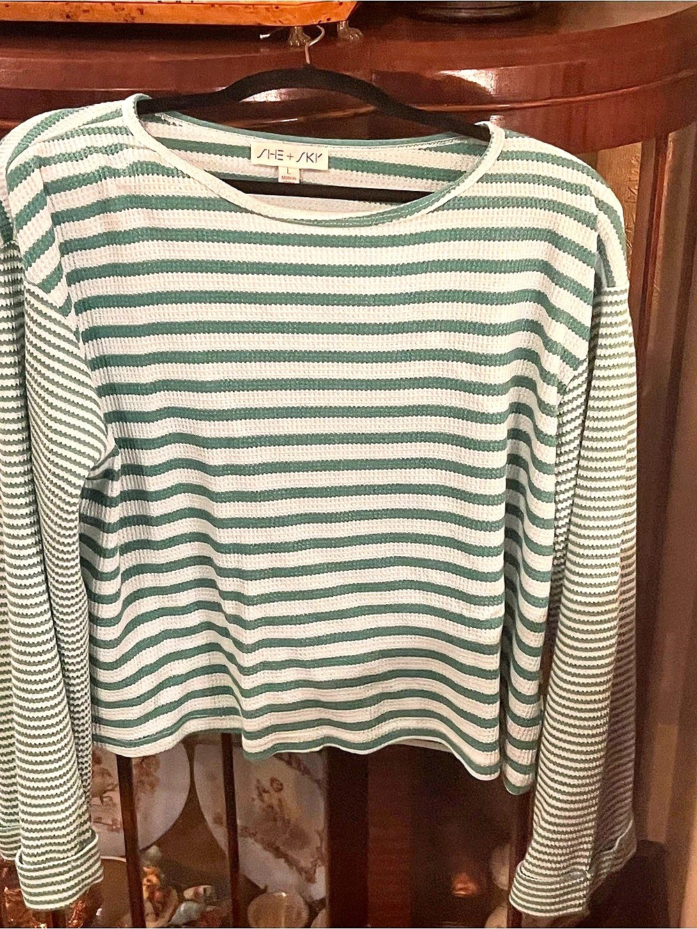 She + Sky Green & White Striped Crew Neck Sweater